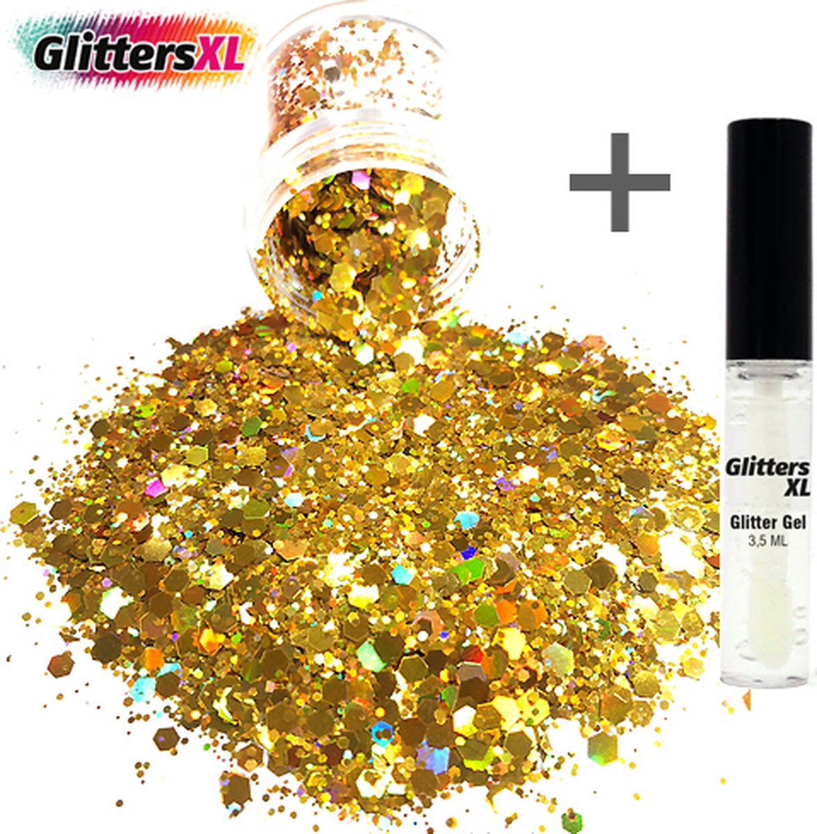 GlittersXL - Chunky Glitters (Goud) (Volume 8g) + Glitter Huid Lijm [Festival Makeup Gezicht Lichaam - Face Body Glitter - Biologisch afbreekbaar - Versiering Dames Volwassen Kinderen]